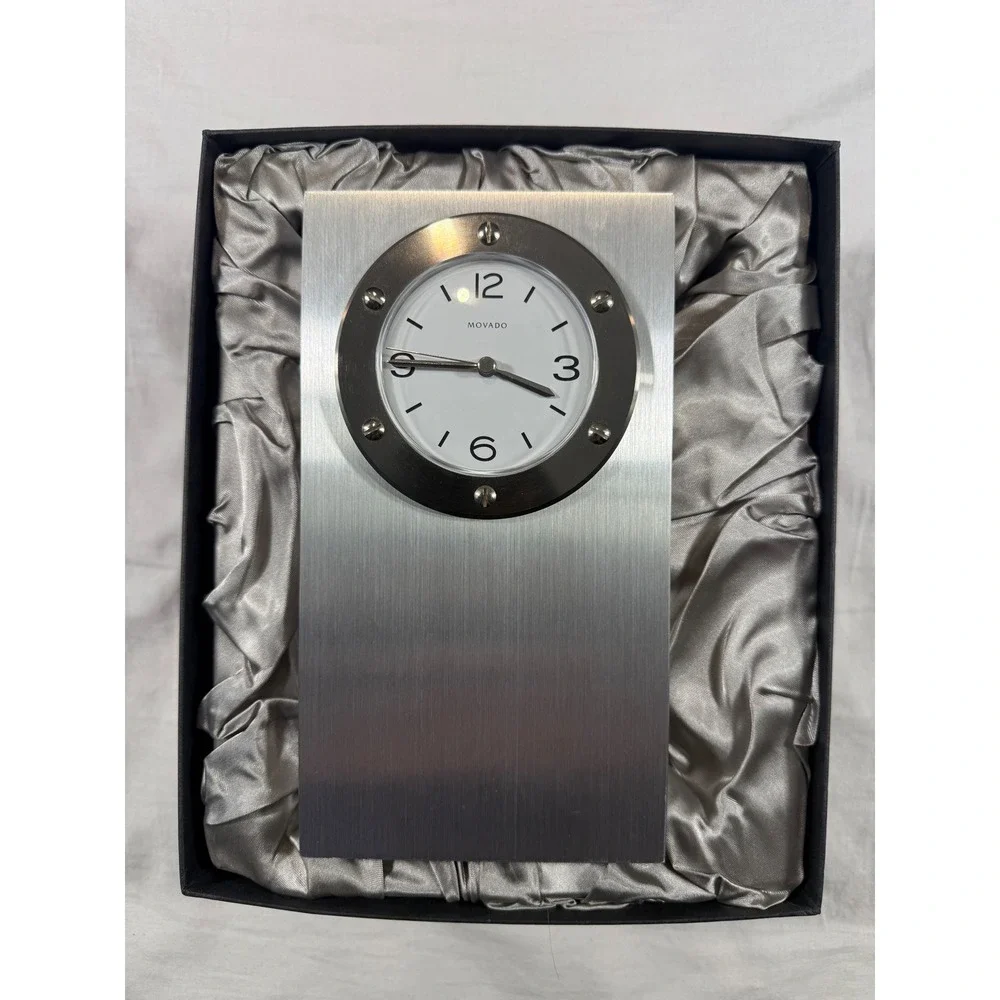 Movado Desk Clock Silver NEW Brushed Metal Industrial